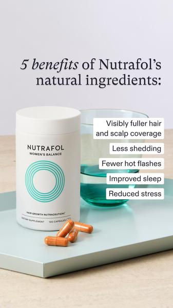 A clean, minimalist product shot displaying hair growth capsules on a tray next to a glass of water, accompanied by a bulleted list of 5 key wellness benefits.